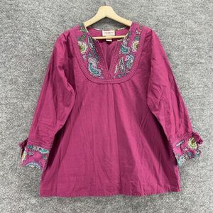 Veranesi Blouse Women M Medium Pink Paisley V-Neck 3/4 Sleeve Cotton Casual